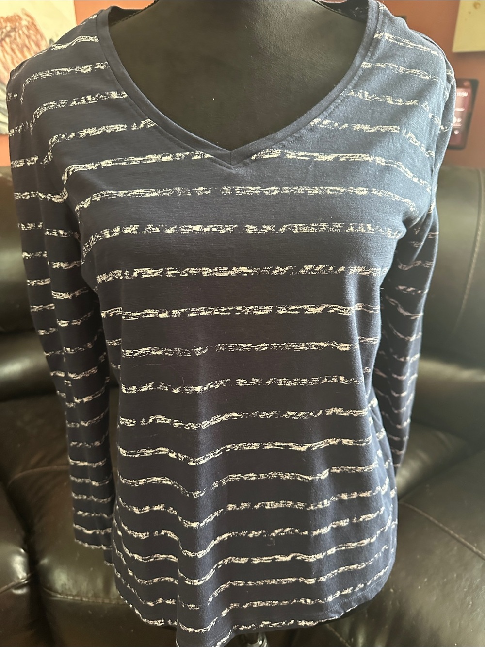 Falls Creek Navy and White V-Neck Long Sleeve Striped Top